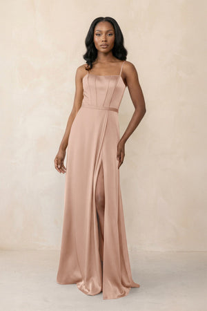 Cami Strap Corset Satin Sheath Bridesmaid Dress in Champagne Rose - KISS BRIDAL Bridesmaid Dresses
