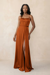 Cami Strap Corset Satin Sheath Bridesmaid Dress in Cinnamon - KISS BRIDAL Bridesmaid Dresses