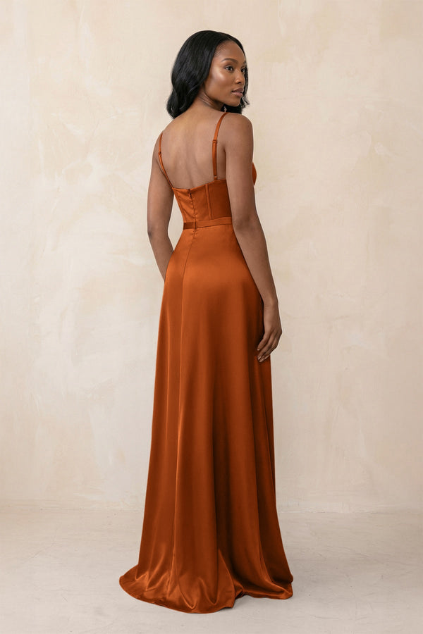 Cami Strap Corset Satin Sheath Bridesmaid Dress in Cinnamon - KISS BRIDAL Bridesmaid Dresses