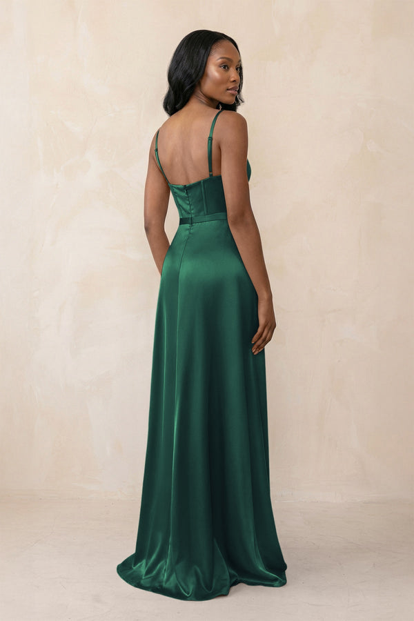 Cami Strap Corset Satin Sheath Bridesmaid Dress in Dark Green - KISS BRIDAL Bridesmaid Dresses