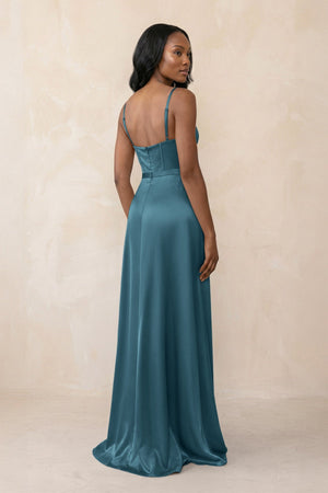 Cami Strap Corset Satin Sheath Bridesmaid Dress in Dark Teal - KISS BRIDAL Bridesmaid Dresses