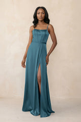 Cami Strap Corset Satin Sheath Bridesmaid Dress in Dark Teal - KISS BRIDAL Bridesmaid Dresses
