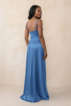 Cami Strap Corset Satin Sheath Bridesmaid Dress in Dusty Blue - KISS BRIDAL Bridesmaid Dresses