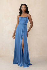 Cami Strap Corset Satin Sheath Bridesmaid Dress in Dusty Blue - KISS BRIDAL Bridesmaid Dresses