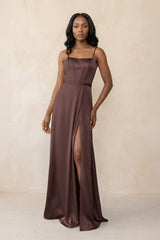 Cami Strap Corset Satin Sheath Bridesmaid Dress in Espresso - KISS BRIDAL Bridesmaid Dresses