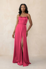 Cami Strap Corset Satin Sheath Bridesmaid Dress in Fuchsia - KISS BRIDAL Bridesmaid Dresses