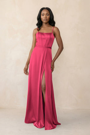 Cami Strap Corset Satin Sheath Bridesmaid Dress in Fuchsia - KISS BRIDAL Bridesmaid Dresses