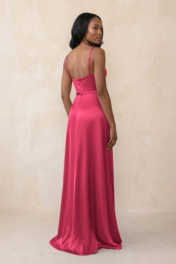 Cami Strap Corset Satin Sheath Bridesmaid Dress in Fuchsia - KISS BRIDAL Bridesmaid Dresses