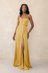 Cami Strap Corset Satin Sheath Bridesmaid Dress in Gold - KISS BRIDAL Bridesmaid Dresses