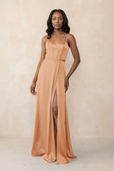 Cami Strap Corset Satin Sheath Bridesmaid Dress in Golden Champagne - KISS BRIDAL Bridesmaid Dresses