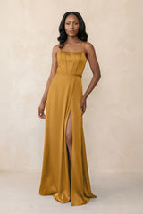 Cami Strap Corset Satin Sheath Bridesmaid Dress in Marigold - KISS BRIDAL Bridesmaid Dresses