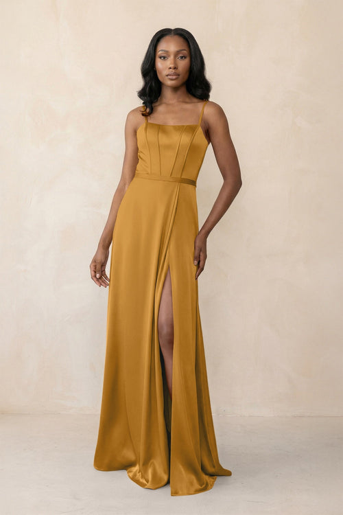 Cami Strap Corset Satin Sheath Bridesmaid Dress in Marigold - KISS BRIDAL Bridesmaid Dresses