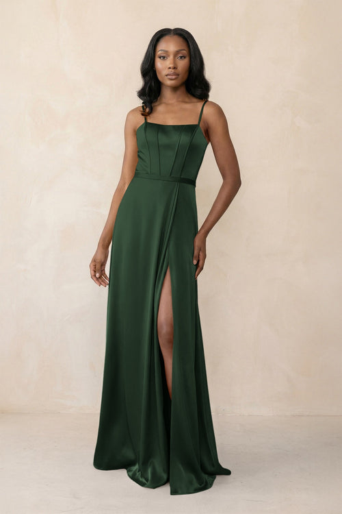 Cami Strap Corset Satin Sheath Bridesmaid Dress in Moss - KISS BRIDAL Bridesmaid Dresses