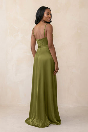 Cami Strap Corset Satin Sheath Bridesmaid Dress in Moss Green - KISS BRIDAL Bridesmaid Dresses