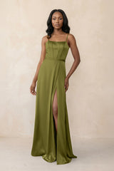 Cami Strap Corset Satin Sheath Bridesmaid Dress in Moss Green - KISS BRIDAL Bridesmaid Dresses