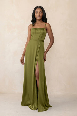 Cami Strap Corset Satin Sheath Bridesmaid Dress in Moss Green - KISS BRIDAL Bridesmaid Dresses
