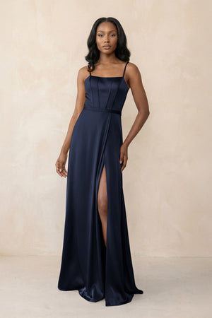 Cami Strap Corset Satin Sheath Bridesmaid Dress in Navy - KISS BRIDAL Bridesmaid Dresses