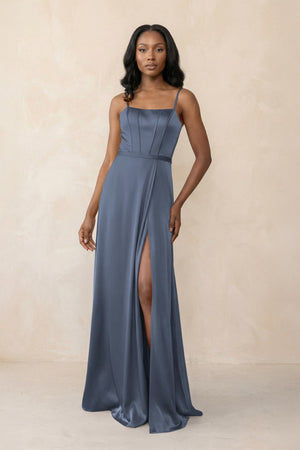 Cami Strap Corset Satin Sheath Bridesmaid Dress in Neptune - KISS BRIDAL Bridesmaid Dresses