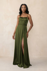 Cami Strap Corset Satin Sheath Bridesmaid Dress in Olive - KISS BRIDAL Bridesmaid Dresses