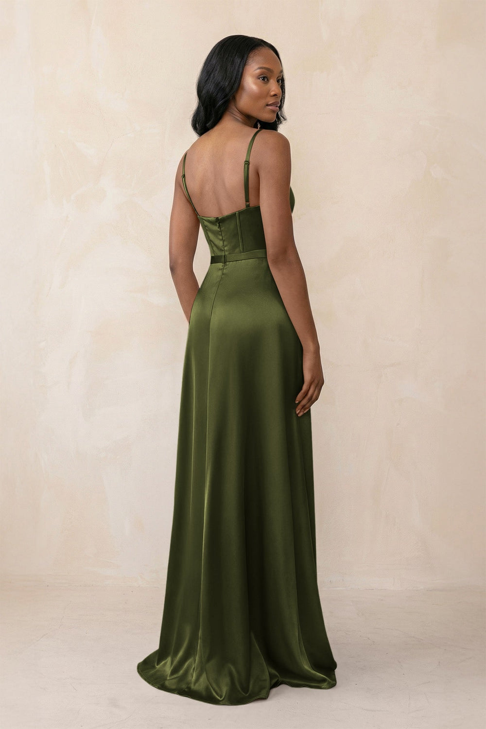 Cami Strap Corset Satin Sheath Bridesmaid Dress in Olive - KISS BRIDAL Bridesmaid Dresses