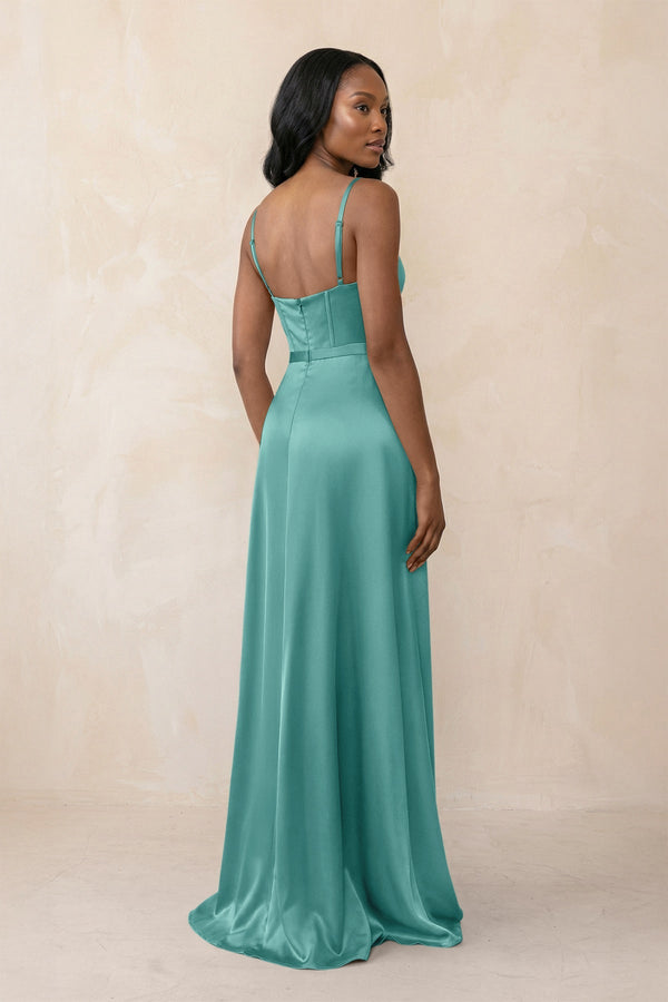 Cami Strap Corset Satin Sheath Bridesmaid Dress in Pale Pistachio - KISS BRIDAL Bridesmaid Dresses