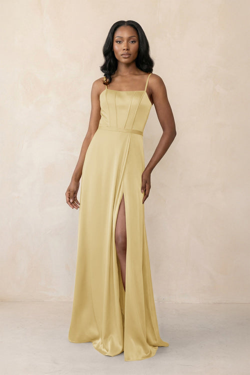 Cami Strap Corset Satin Sheath Bridesmaid Dress in Pastel Yellow - KISS BRIDAL Bridesmaid Dresses