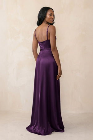 Cami Strap Corset Satin Sheath Bridesmaid Dress in Plum - KISS BRIDAL Bridesmaid Dresses