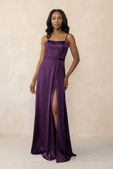 Cami Strap Corset Satin Sheath Bridesmaid Dress in Plum - KISS BRIDAL Bridesmaid Dresses