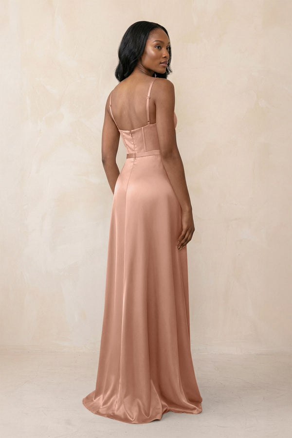Cami Strap Corset Satin Sheath Bridesmaid Dress in Rosette - KISS BRIDAL Bridesmaid Dresses