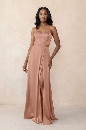 Cami Strap Corset Satin Sheath Bridesmaid Dress in Rosette - KISS BRIDAL Bridesmaid Dresses