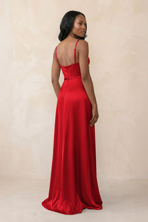 Cami Strap Corset Satin Sheath Bridesmaid Dress in Ruby Red - KISS BRIDAL Bridesmaid Dresses