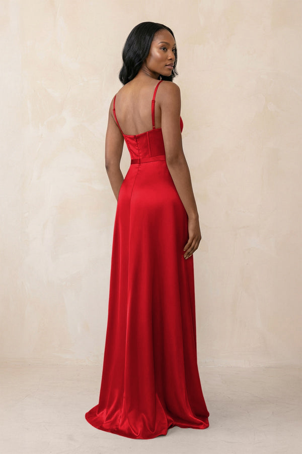Cami Strap Corset Satin Sheath Bridesmaid Dress in Ruby Red - KISS BRIDAL Bridesmaid Dresses