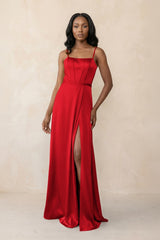 Cami Strap Corset Satin Sheath Bridesmaid Dress in Ruby Red - KISS BRIDAL Bridesmaid Dresses