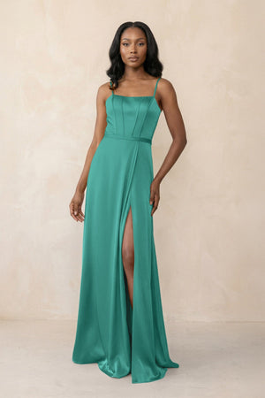 Cami Strap Corset Satin Sheath Bridesmaid Dress in Sea Glass - KISS BRIDAL Bridesmaid Dresses