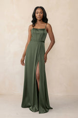 Cami Strap Corset Satin Sheath Bridesmaid Dress in Thyme - KISS BRIDAL Bridesmaid Dresses