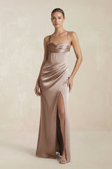 Cami Strap Corset Sheath Satin Ruched Bridesmaid Dress in Almond - KISS BRIDAL Bridesmaid Dresses