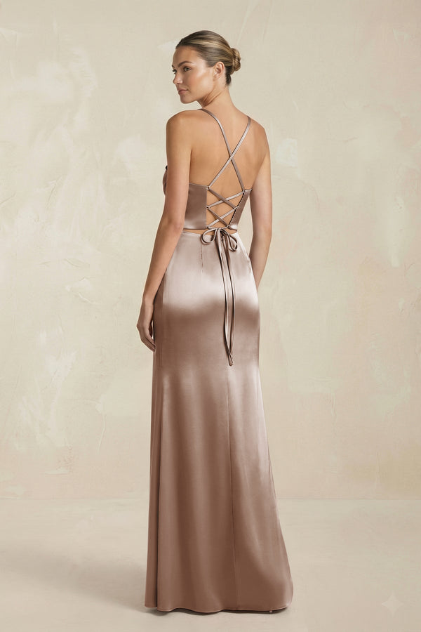 Cami Strap Corset Sheath Satin Ruched Bridesmaid Dress in Almond - KISS BRIDAL Bridesmaid Dresses