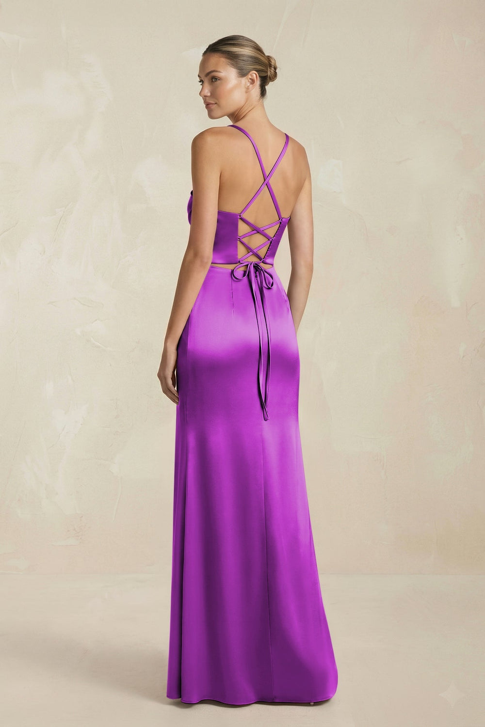 Cami Strap Corset Sheath Satin Ruched Bridesmaid Dress in Amethyst - SHE IS ME Bridesmaid Dresses