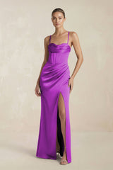 Cami Strap Corset Sheath Satin Ruched Bridesmaid Dress in Amethyst - KISS BRIDAL Bridesmaid Dresses
