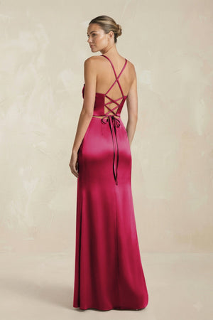Cami Strap Corset Sheath Satin Ruched Bridesmaid Dress in Berry - KISS BRIDAL Bridesmaid Dresses