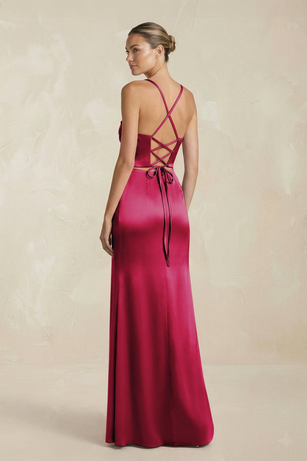 Cami Strap Corset Sheath Satin Ruched Bridesmaid Dress in Berry - KISS BRIDAL Bridesmaid Dresses