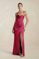 Cami Strap Corset Sheath Satin Ruched Bridesmaid Dress in Berry - KISS BRIDAL Bridesmaid Dresses