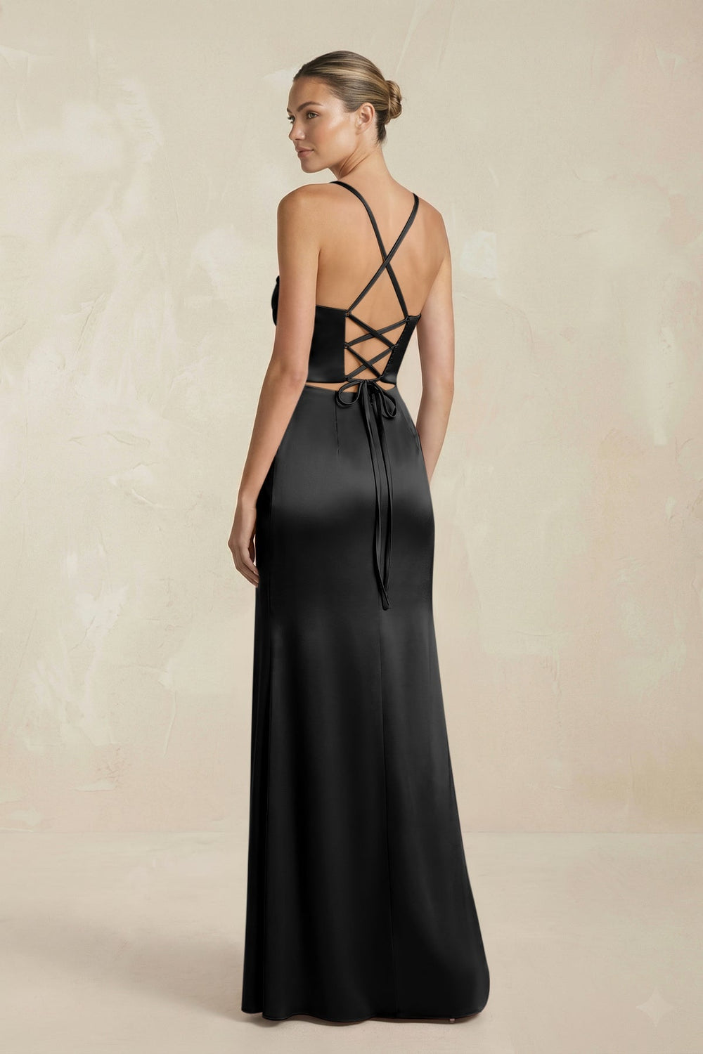 Cami Strap Corset Sheath Satin Ruched Bridesmaid Dress in Black - SHE IS ME Bridesmaid Dresses