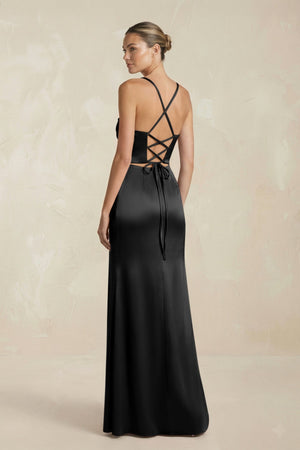 Cami Strap Corset Sheath Satin Ruched Bridesmaid Dress in Black - KISS BRIDAL Bridesmaid Dresses