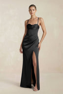 Cami Strap Corset Sheath Satin Ruched Bridesmaid Dress in Black - KISS BRIDAL Bridesmaid Dresses