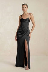 Cami Strap Corset Sheath Satin Ruched Bridesmaid Dress in Black - KISS BRIDAL Bridesmaid Dresses