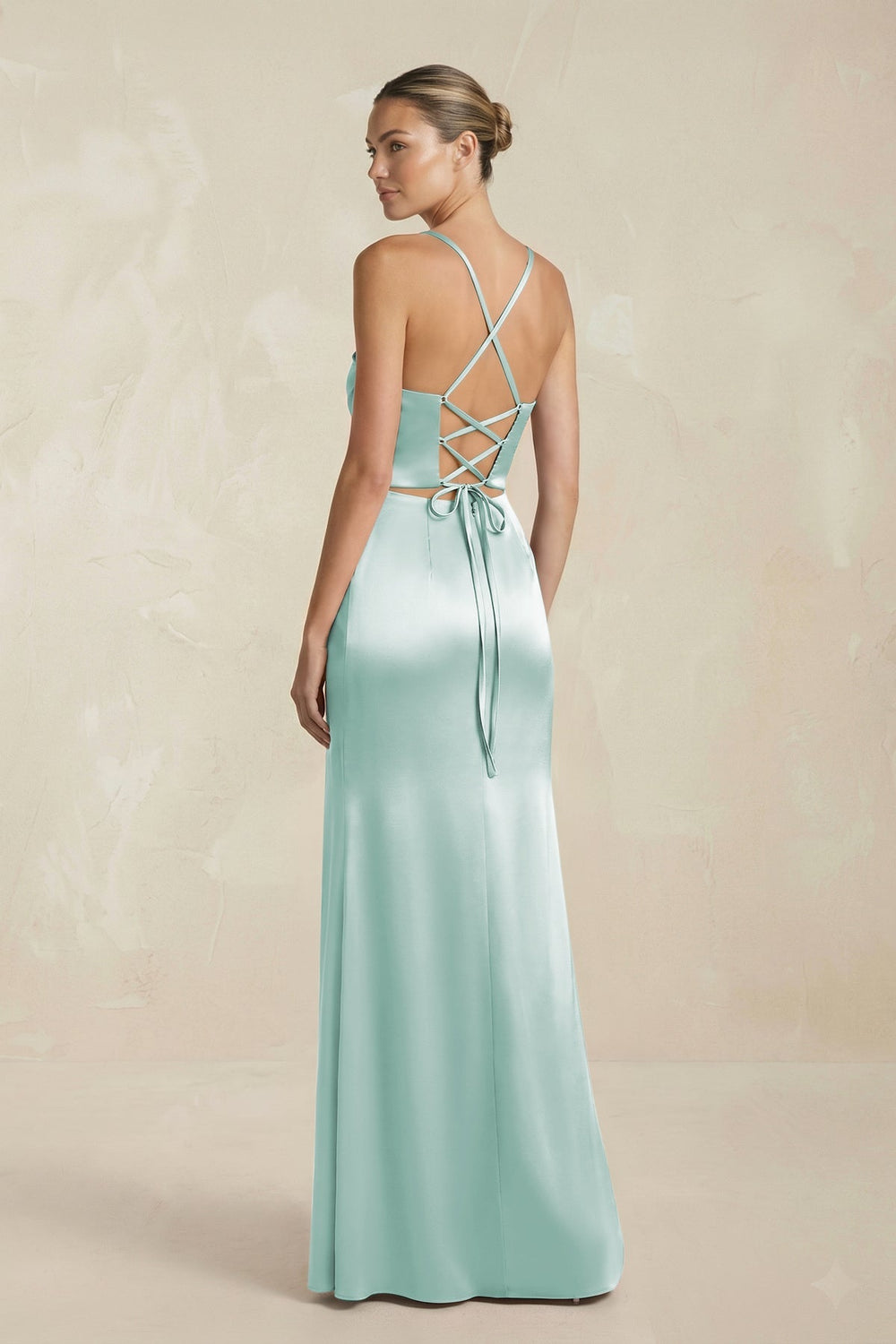 Cami Strap Corset Sheath Satin Ruched Bridesmaid Dress in Bleached Aqua - KISS BRIDAL Bridesmaid Dresses