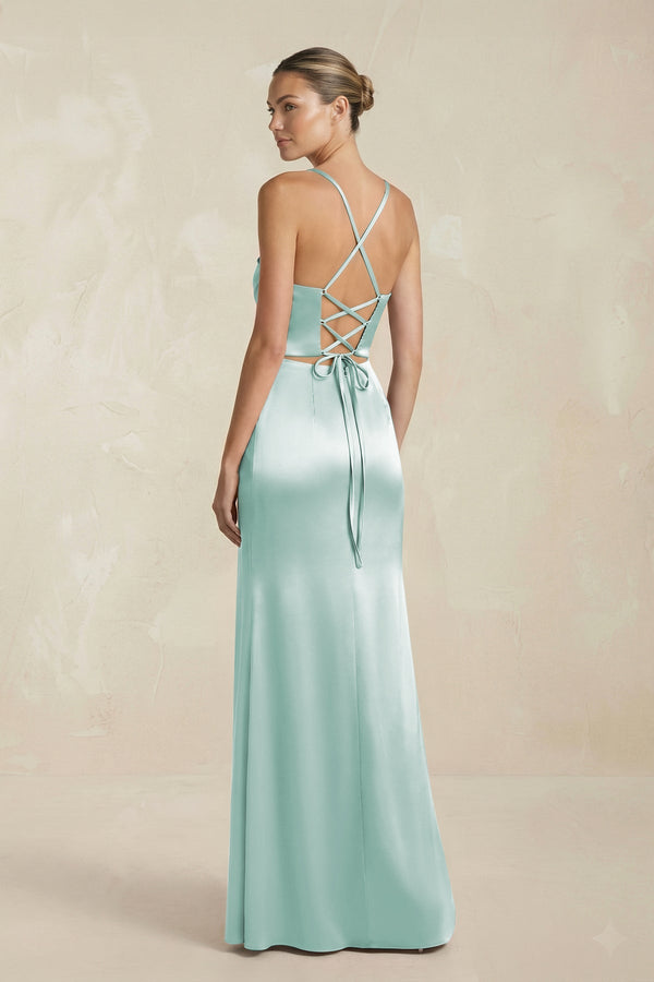 Cami Strap Corset Sheath Satin Ruched Bridesmaid Dress in Bleached Aqua - KISS BRIDAL Bridesmaid Dresses