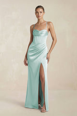 Cami Strap Corset Sheath Satin Ruched Bridesmaid Dress in Bleached Aqua - KISS BRIDAL Bridesmaid Dresses