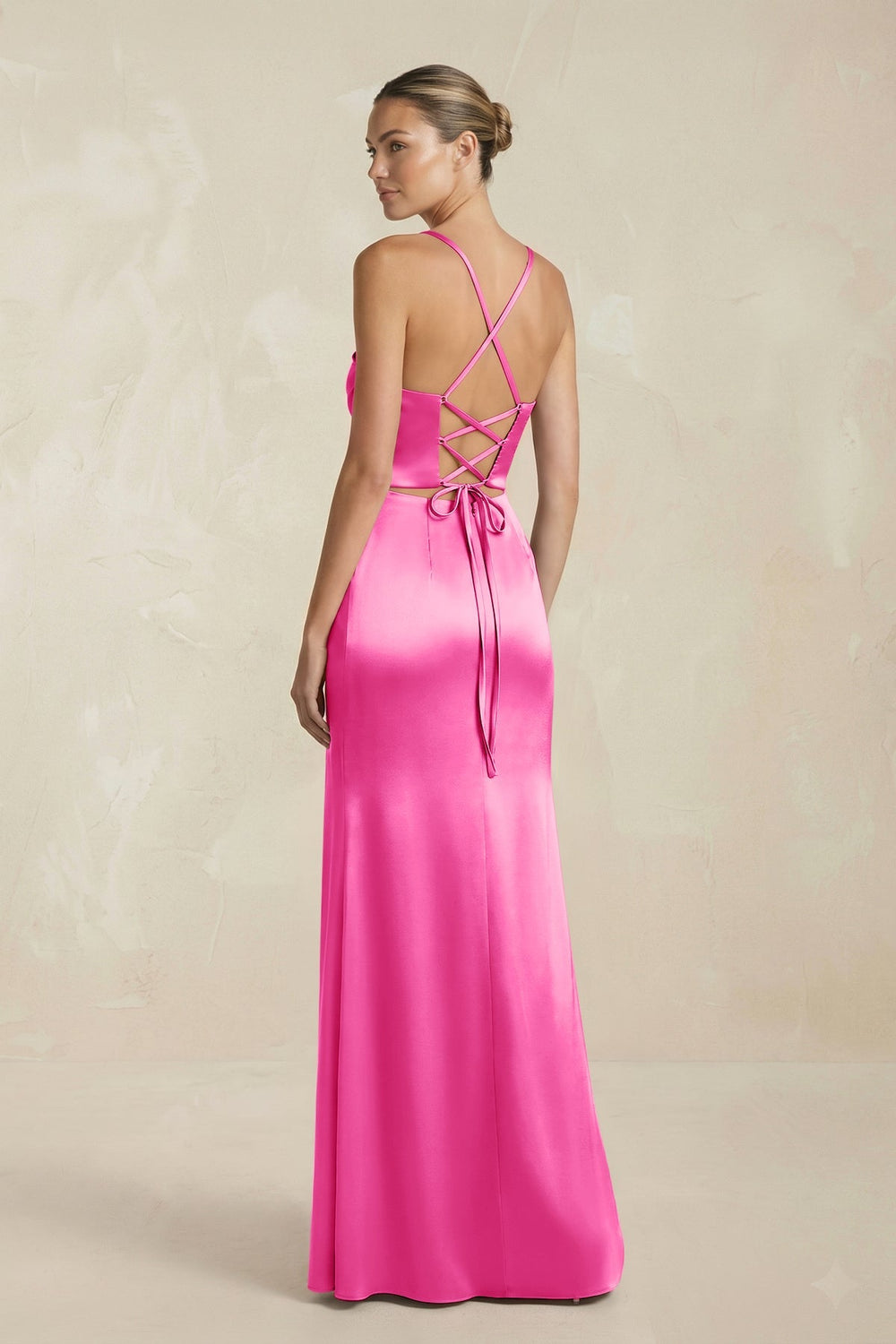 Cami Strap Corset Sheath Satin Ruched Bridesmaid Dress in Bon Bon Pink - SHE IS ME Bridesmaid Dresses